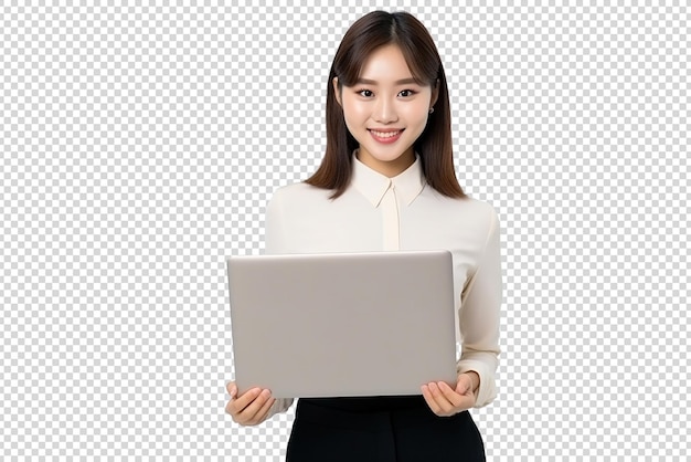 PSD szczęśliwa kobieta z laptopem odizolowanym na przezroczystej tle