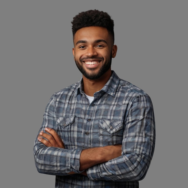 PSD portrait of a happy young casual man standing with transparent background