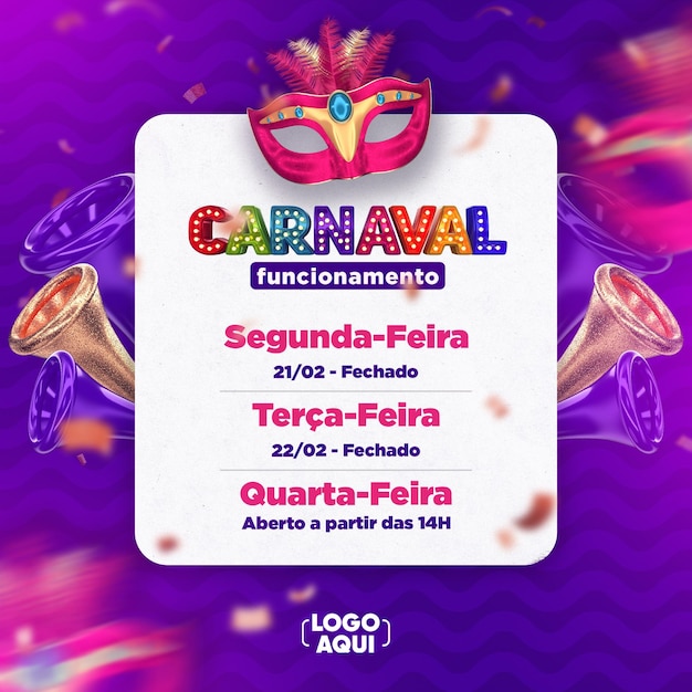 PSD post social media carnival notice in brazil 3d render template for campaign in portuguese