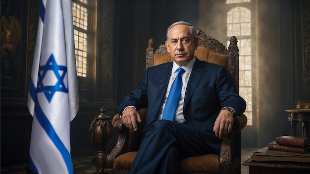 Premier Izraela Benjamin Netanjahu siedzący królewsko w swoim biurze na starożytnym krześle