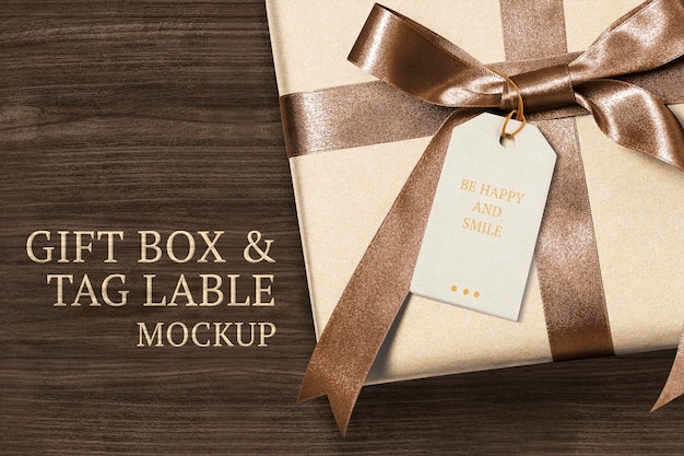 PSD present greeting tag mockup psd on a gift box with be happy and smile text