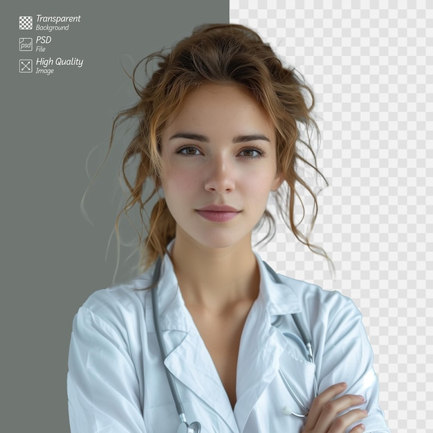 PSD профессиональная женщина-врач со стетоскопом на прозрачном фоне