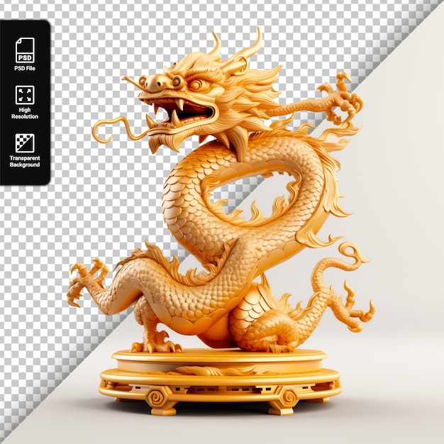 Золотая фигура китайского дракона PSD изолирована на прозрачном фоне