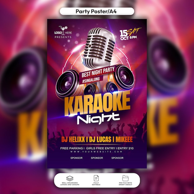 PSD psd karaoke night club party flyer and social media post template