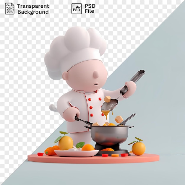 PSD 3d-шеф-повар готовит вкусную еду на белой тарелке с серебряной ложкой, окруженной апельсинами и белым и синим небом