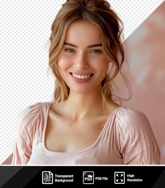 PSD Портрет молодой счастливой улыбающейся беременной женщины с светлыми волосами, коричневыми глазами и бровями в розовой и белой рубашке, стоящей перед розовой стеной