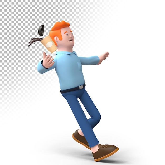 renderowania 3D dorosły mężczyzna poślizgnął się i rozlał kawę podczas chodzenia
