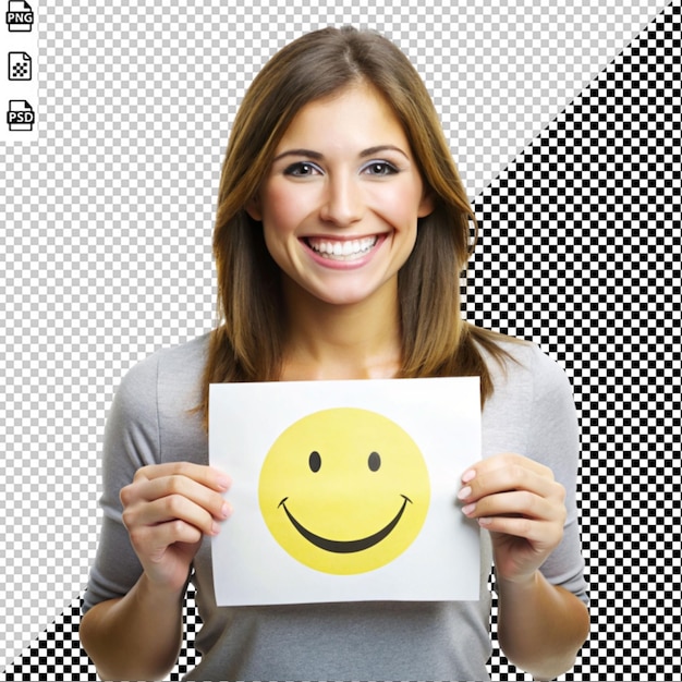 женщина с белой бумагой, на которой изображено улыбающееся лицо
