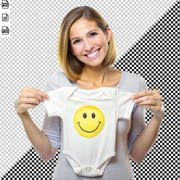 Женщина в детской рубашке с улыбающимся лицом.