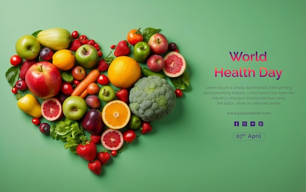 PSD Концепция всемирного дня здоровья живые фрукты и овощи в форме сердца на светло-зеленом фоне