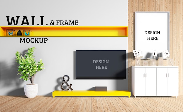 PSD wall and frame mockup - living room with modern furniture
