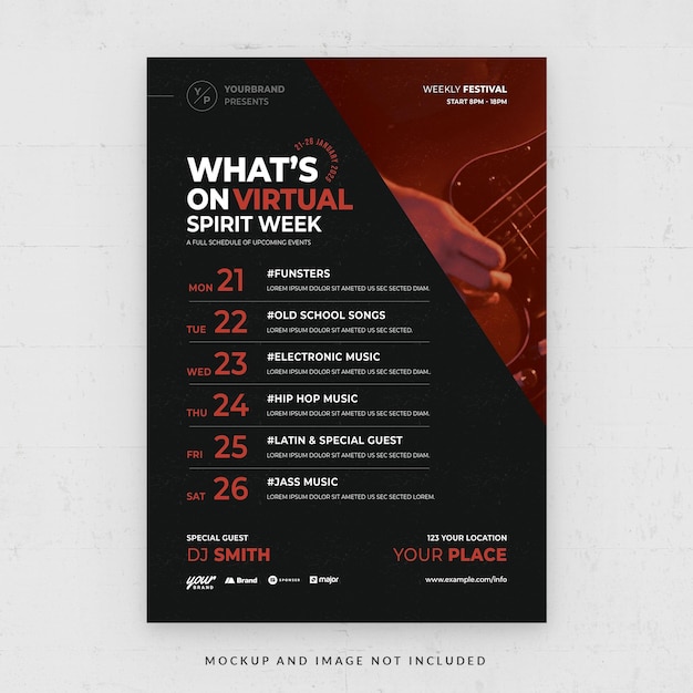 PSD what's on event schedule flyer template in psd for virtual spirit week red theme