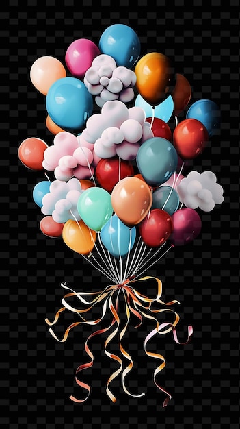 PSD Причудливое облако из воздушных шаров с красочными воздушными шарами и плавающими неоновыми цветами и формами