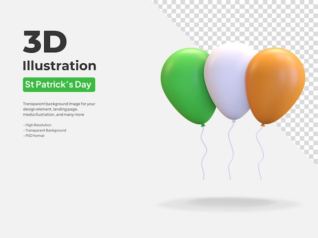 PSD Три ирландских воздушных шара символ дня святого патрика 3d визуализация иллюстрации