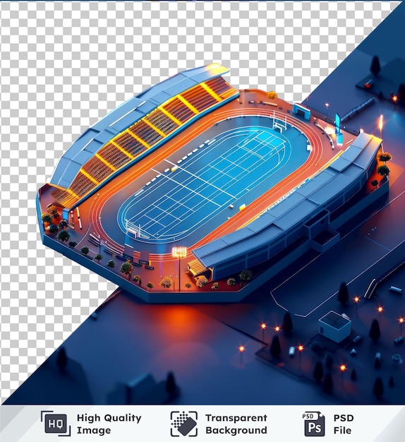 PSD Прозрачный объект красивый 3d изометрический стадион с большим синим зданием на переднем плане