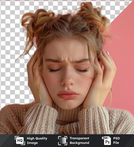PSD прозрачная psd картинка принести на обезболивающие студийный кадр молодой женщины испытывает головную боль с розовой стеной на заднем плане она носит белый свитер и имеет маленький нос