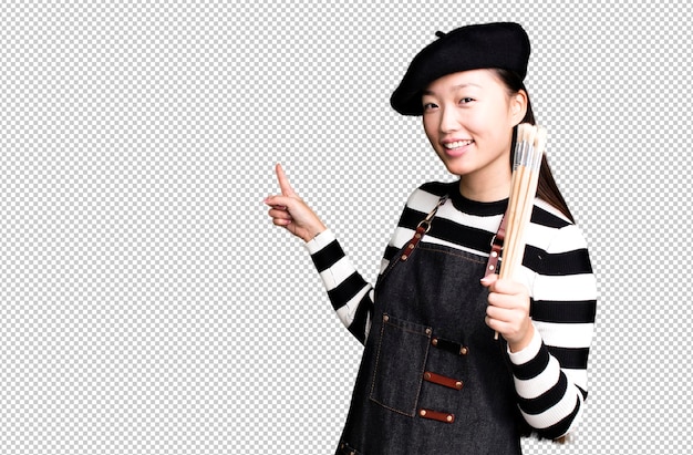 PSD young adult pretty asian woman with a beret paint art student concept
