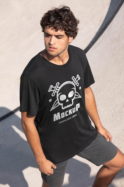 モックアップTシャツと若い男性のスケートボーダー