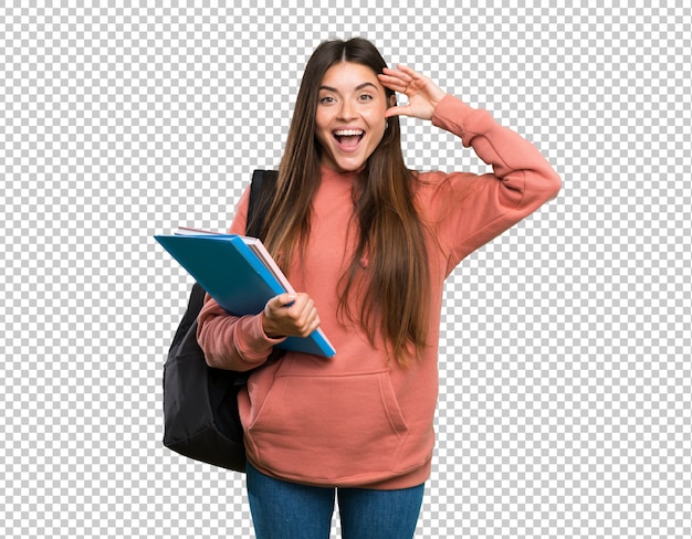PSD young student woman holding notebooks with surprise expression