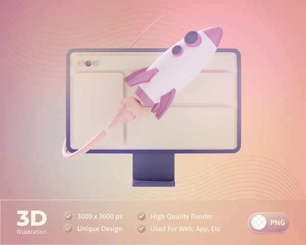 PSD gratuit conception web d'une fusée volante avec une illustration 3d d'ordinateur
