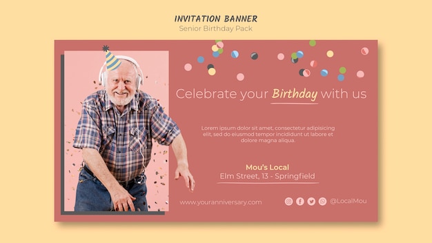 PSD gratuit bannière d'invitation anniversaire senior