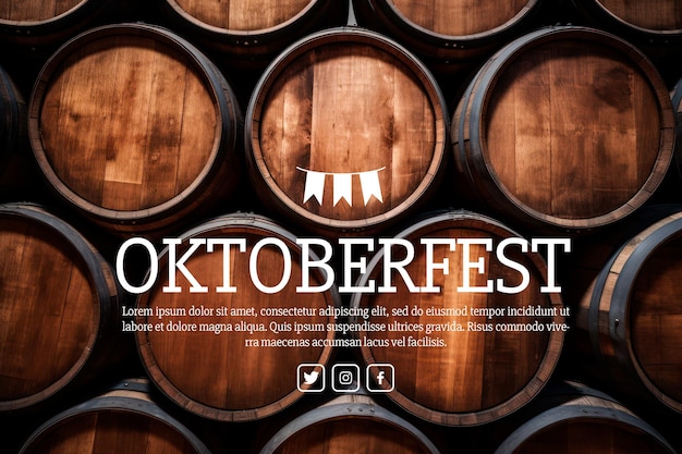 PSD gratuit bannière de texte oktoberfest sur l'image de tonneaux de vin ou de bière empilés