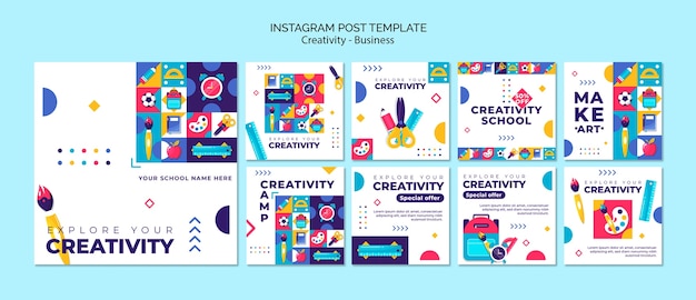 PSD gratuit ensemble de publications instagram d'entreprise de créativité géométrique