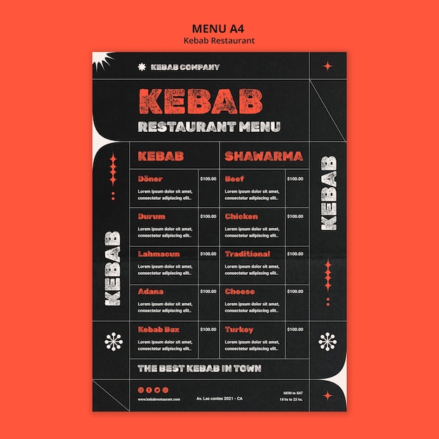 PSD gratuit modèle de menu de restaurant délicieux kebab