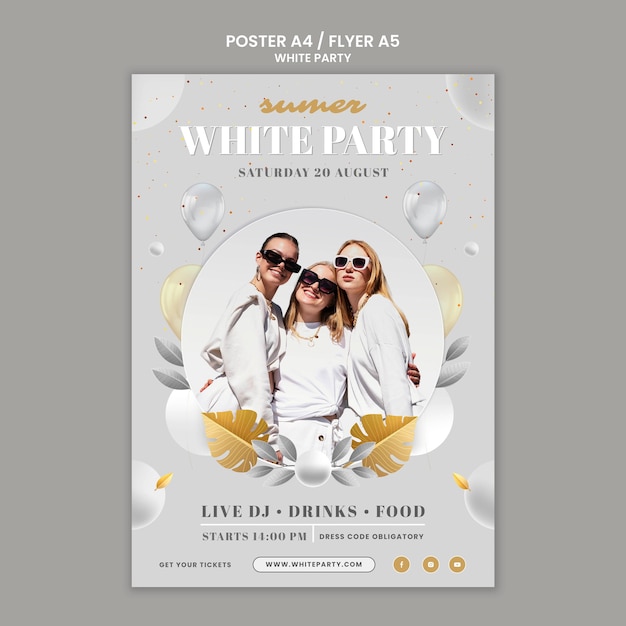 PSD gratuit modèle d'affiche verticale de fête blanche avec des ballons et des feuilles