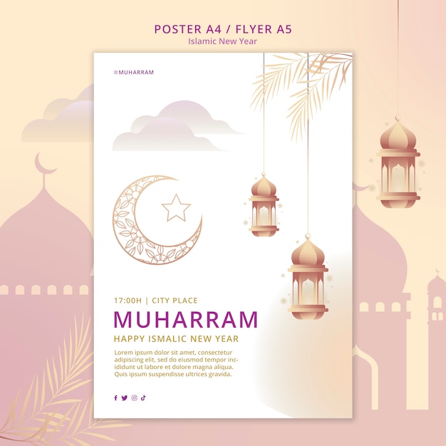 PSD gratuit modèle de flyer vertical du nouvel an islamique avec palais et lanternes