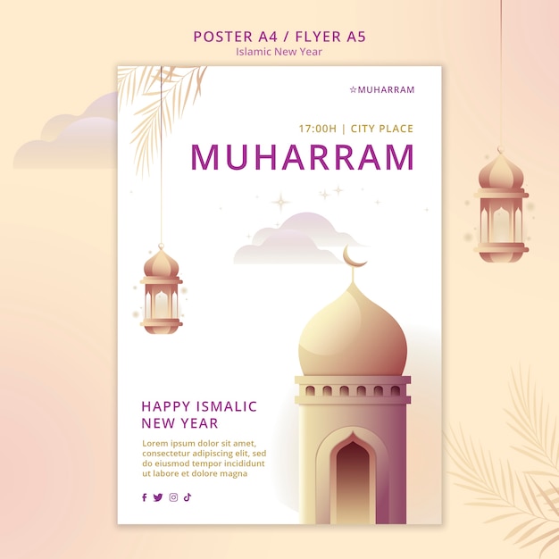 PSD gratuit modèle de flyer vertical du nouvel an islamique avec palais et lanternes