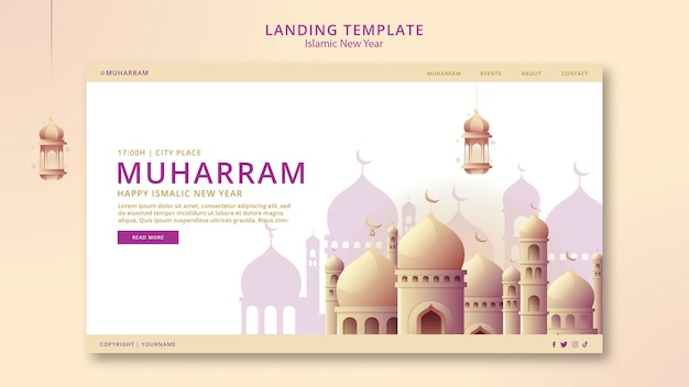 PSD gratuit modèle de page de destination du nouvel an islamique avec palais et lanternes