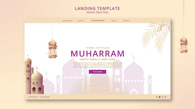 PSD gratuit modèle de page de destination du nouvel an islamique avec palais et lanternes