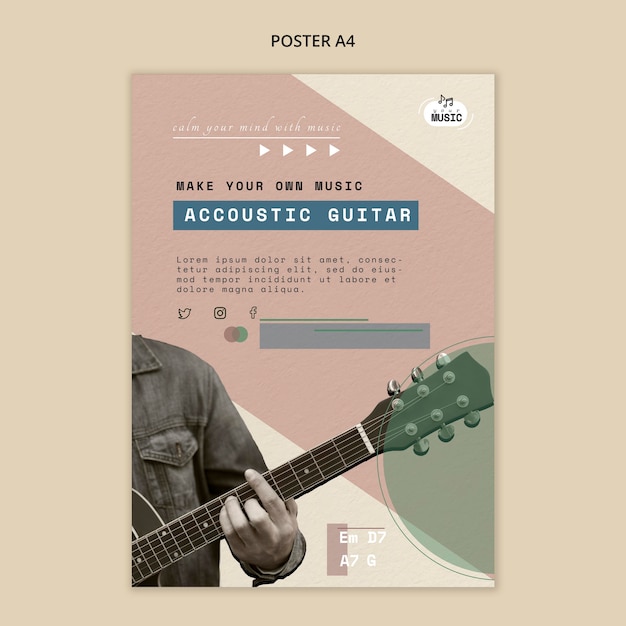 PSD gratuit style de modèle d'affiche de leçons de guitare acoustique