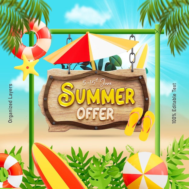PSD grátis modelo de postagem de mídia social de verão com elementos de praia 3d coloridos