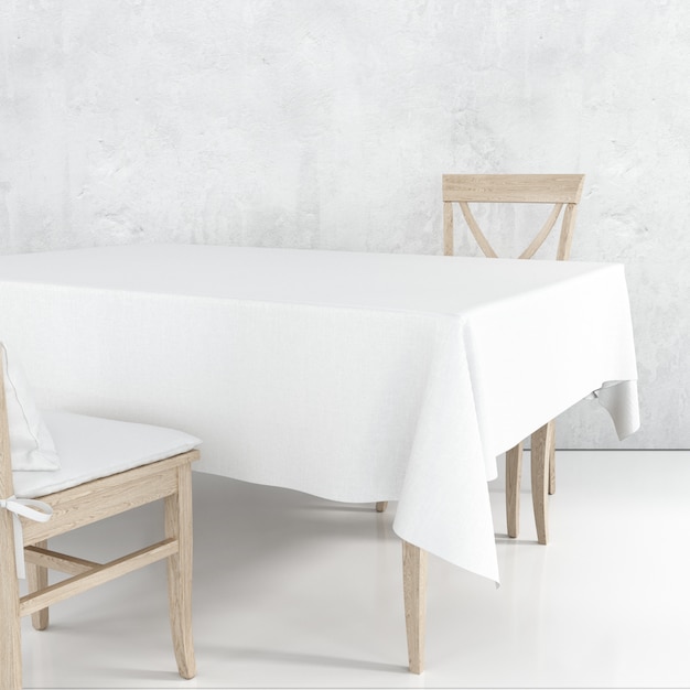 Gratis PSD leeg eettafelmodel met witte doek en houten stoelen