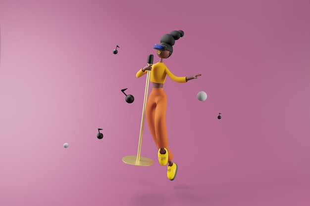 PSD gratuito mujer usando gafas de realidad virtual y cantando una canción sobre fondo aislado 3d ilustración personajes de dibujos animados