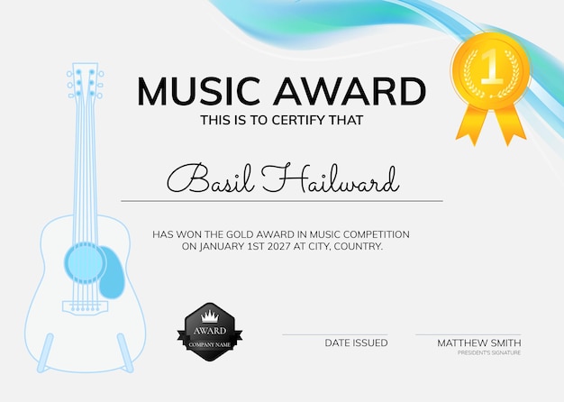 PSD gratuito plantilla de certificado de premio de música psd con diseño minimalista de ilustración de guitarra