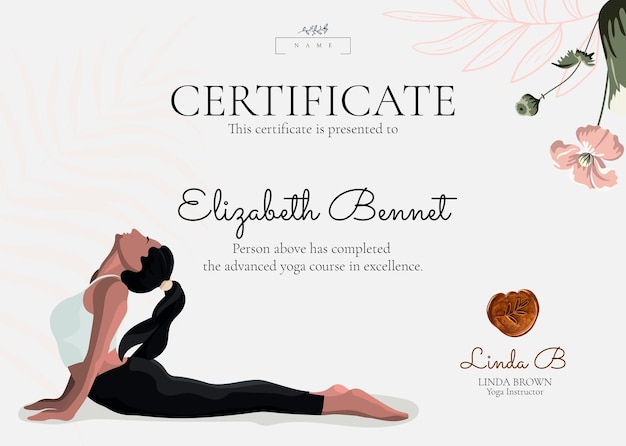 PSD gratuito plantilla de certificado de yoga floral psd en estilo femenino