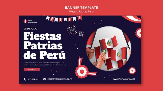 PSD gratuito plantilla de banner horizontal de fiestas patrias con rosetas y banderines