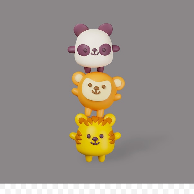 PSD 3d render cartoon tiger panda et singe empilés verticalement