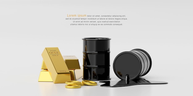 PSD concept d'investissement, pile de lingots d'or avec baril de pétrole avec modèle de pièce en dollars