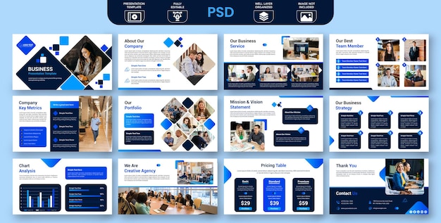 PSD conjunto de plantillas de diapositivas de presentación de presentación de powerpoint de negocios modernos creativos
