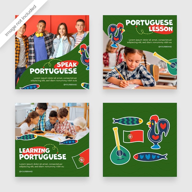 PSD apprendre le portugais modèles de bannière de médias sociaux sur le thème du portugal avec illustrations clipart portugal