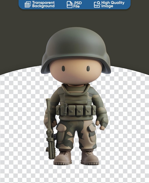 PSD armeesoldat mann mit helm happy 3d-render-illustration in chibi zeichentrickfigur