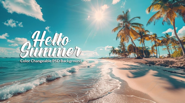 PSD arrière-plan d'été avec des palmiers de plage tropicaux, des vagues de mer et du sable blanc dans un fichier psd