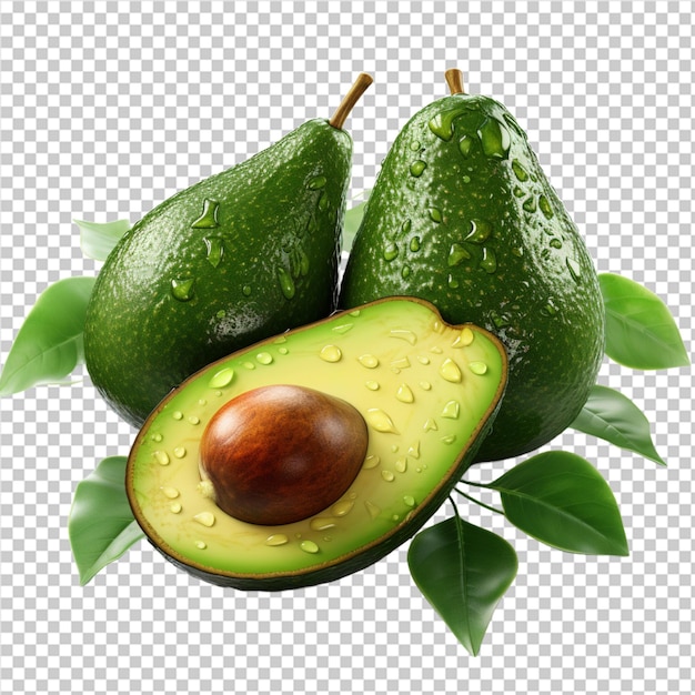 Avocado mit einem grünen Blatt und einer halben Avocado