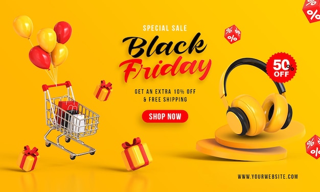 Black Friday Sale Banner mit Shopping Chart Ballons Geschenkboxen und Einkaufstaschen 3D-Rendering