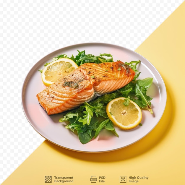 PSD du saumon grillé avec de la laitue et du citron sur une assiette