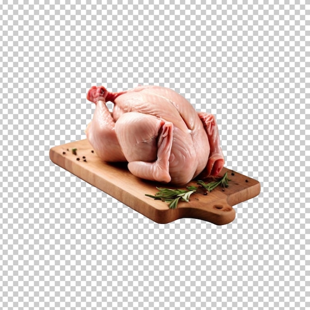 ein Huhn auf einem Holzbrett mit einem Etikett, auf dem das Huhn steht